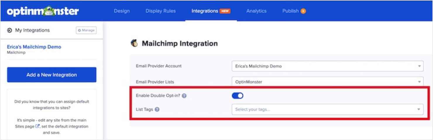 OptinMosnter's settings for its Mailchimp integration. It includes an "Enable Double Opt-Ins?" toggle that can be switched on or off.