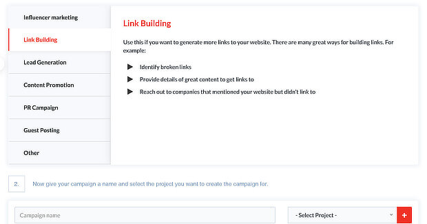 outreachplus link building tools choose campaign type