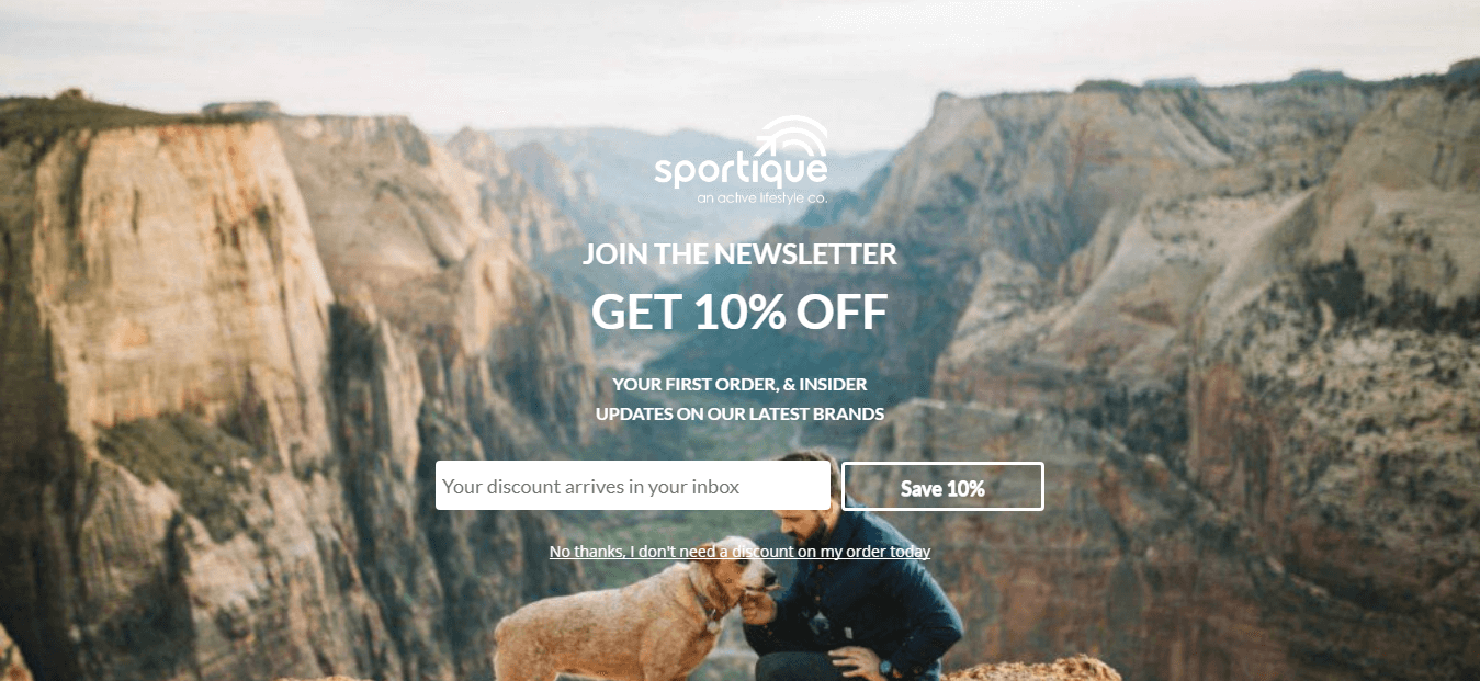 Sportique used a full screen optin as a creative lifestyle brand marketing to increase conversions