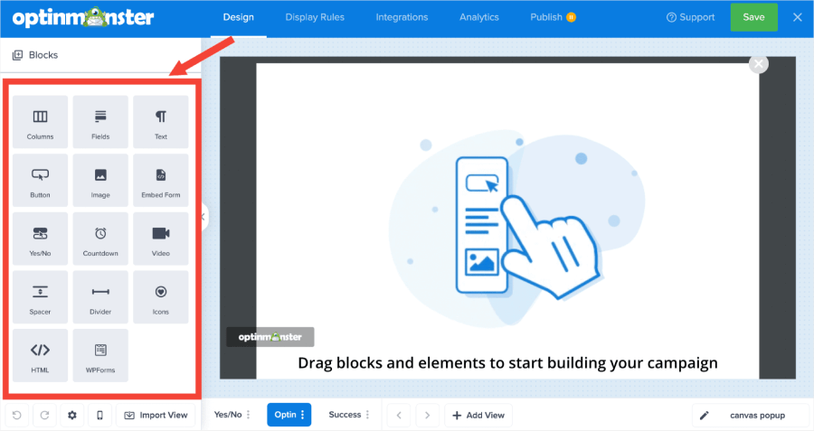 The available block options in OptinMonster