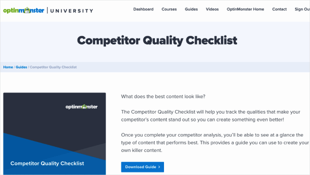 Screenshot of the OptinMonster University page for our "Competitor Quality Checklist" download