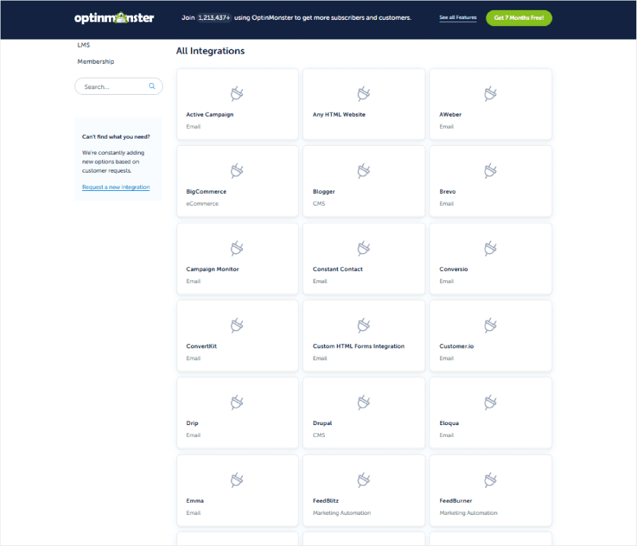 OptinMonster's marketing integration options