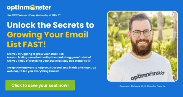 Screenshot of the signup page for OptinMonster's weekly webinar, "Unlocking the Secrets to Growing Your Email List FAST!"