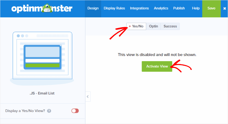 optinmonster two-step campaign with yes/no buttons