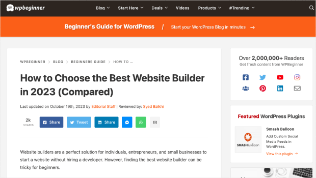 Screenshot of the WPBeginner blog post titled "How to Choose the Best Website Building in 2023 (Compared)