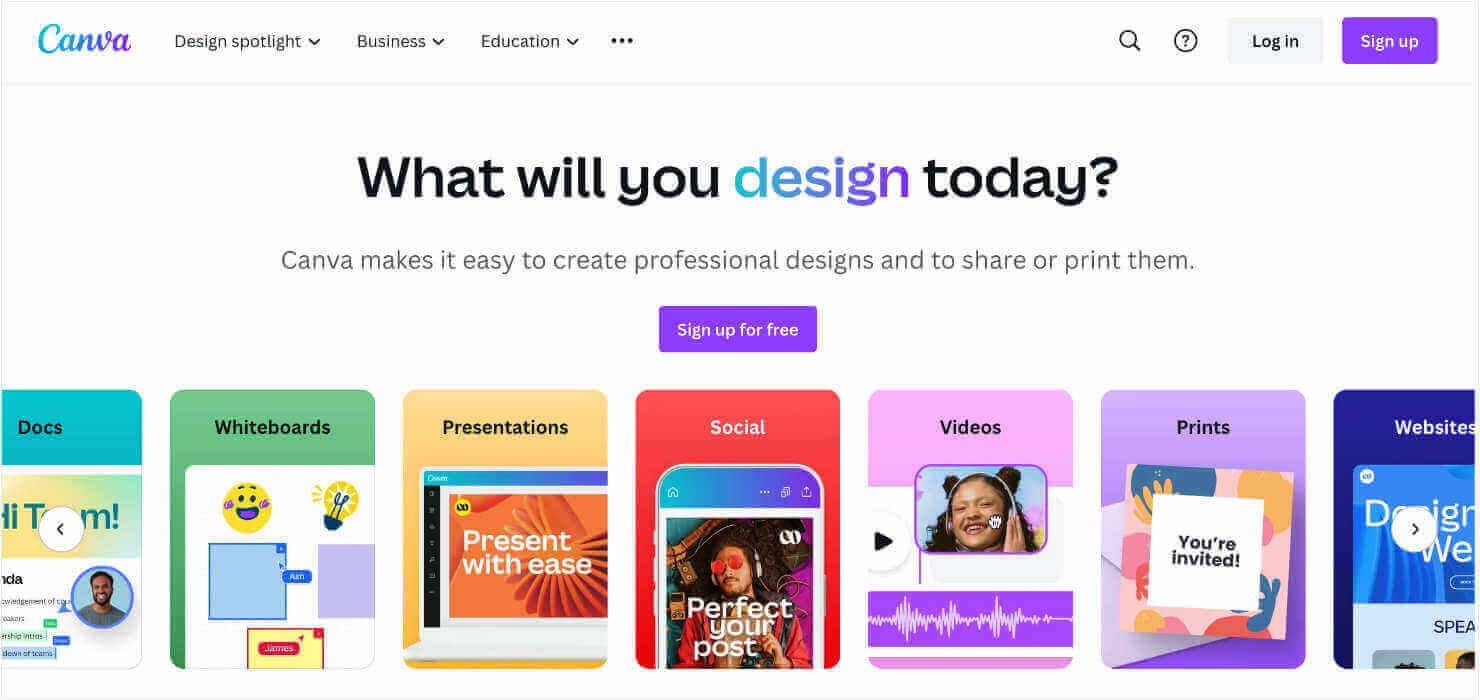Home page for the visual content creation tool Canva