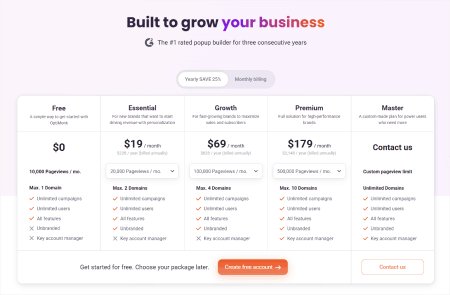 OptiMonk's pricing page