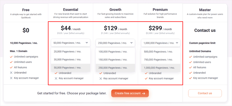 Adjusting OptiMonk's plans by increasing the pageviews