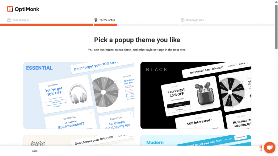 Choosing a popup theme in OptiMonk