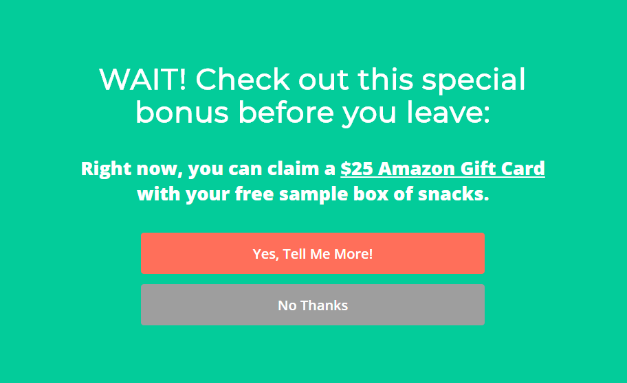 SnackNation uses fullscreen exit-intent offers to capture abandoning visitors