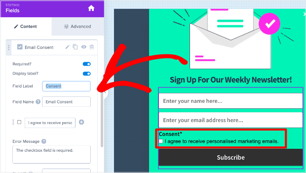 An email signup popup with a Consent checkbox option that says "I agree to receive personalized marketing emails. There is a settings sidebar to the left with the options including: a "Required" toggle, Field Label text box, and Field Name text box