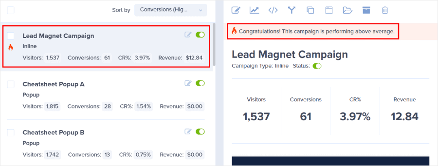 OptinMonster's fire signal, showing you which campaign is most successful