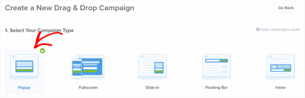 select campaign type with OptinMonster plugin WordPress