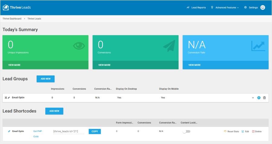 Thrive Leads' dashboard
