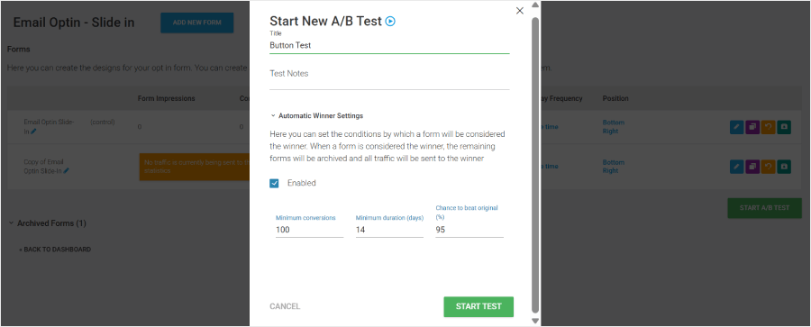 Thrive Leads' split testing feature