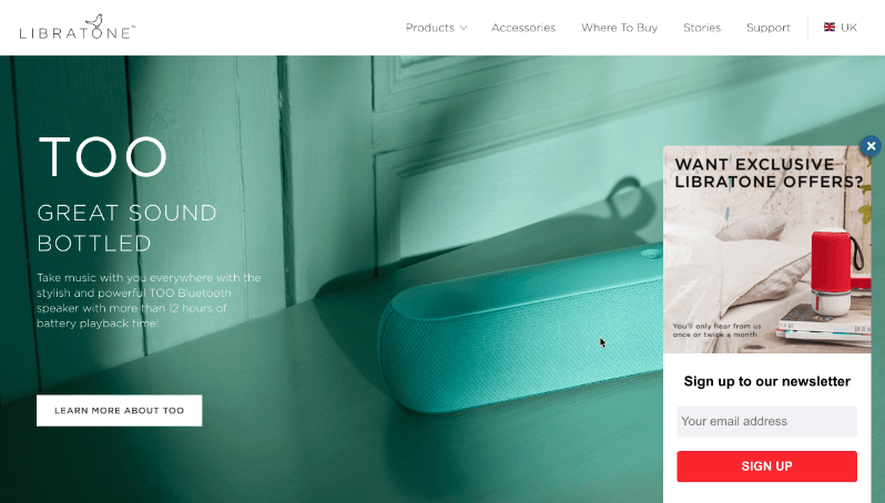 Libratone targets engaged visitors from the UK with a slide in optin.
