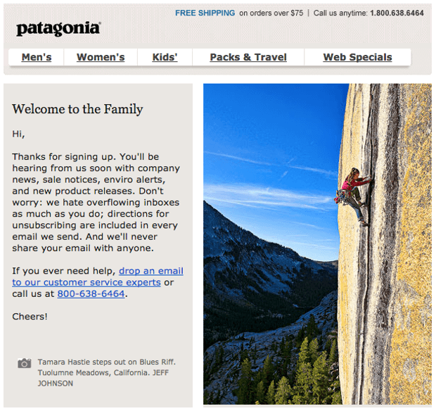 Patagonia welcome email - ecommerce email ideas