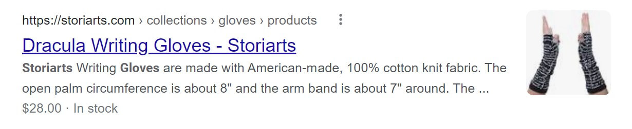 Google result for Storiarts using breadcrumbs for SEO
