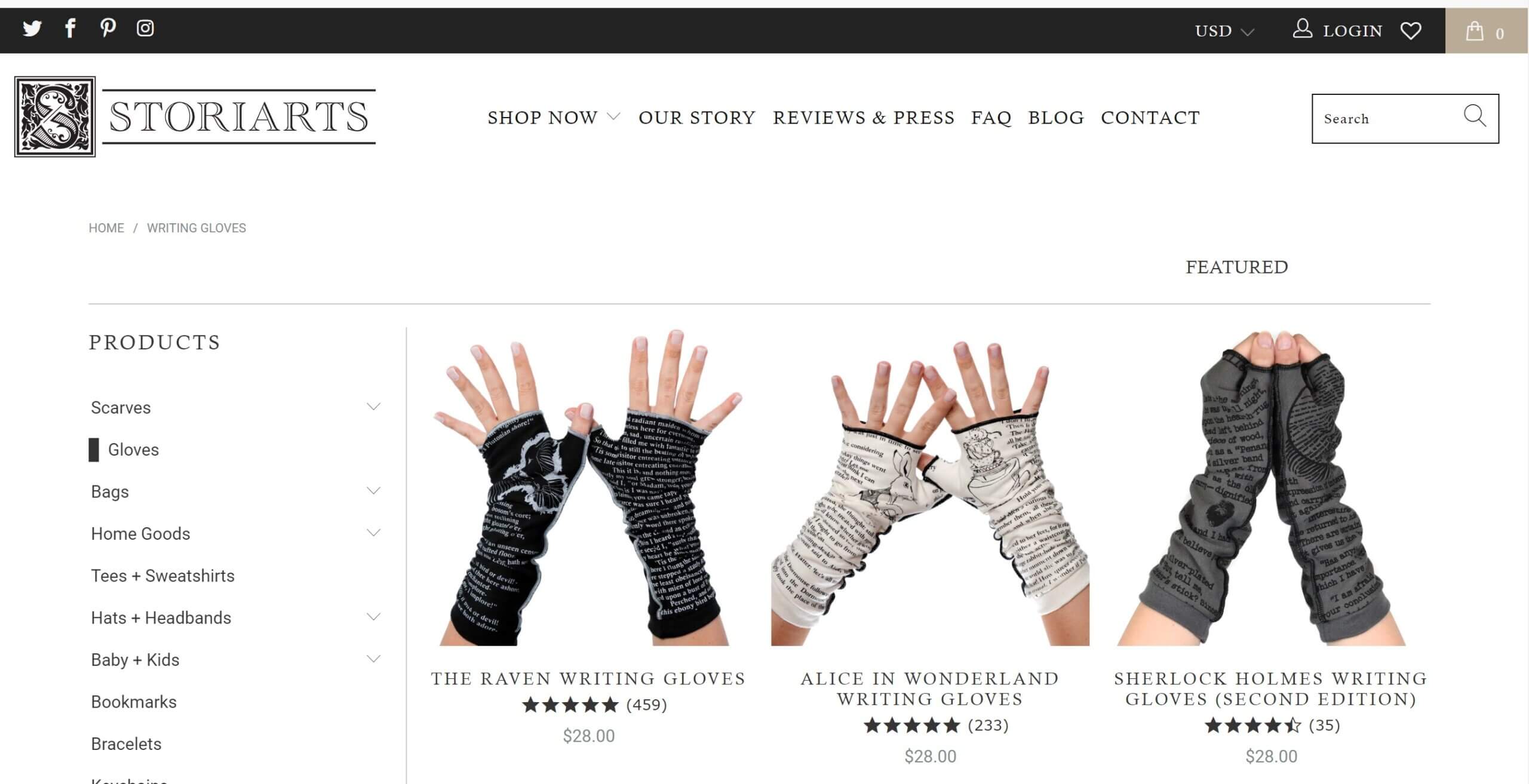 storiarts gloves category page for ecommerce seo