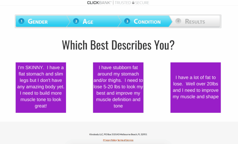 Kinobody uses OptinMonster to segment users with a survey.