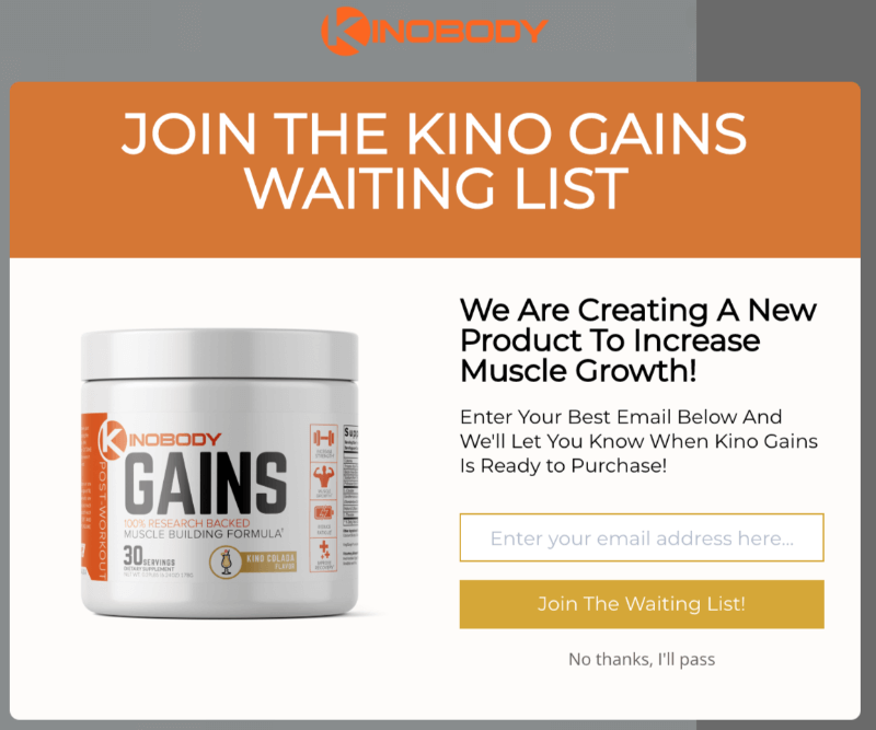 Kinobody creates waiting lists for products about to be launched using OptinMonster.