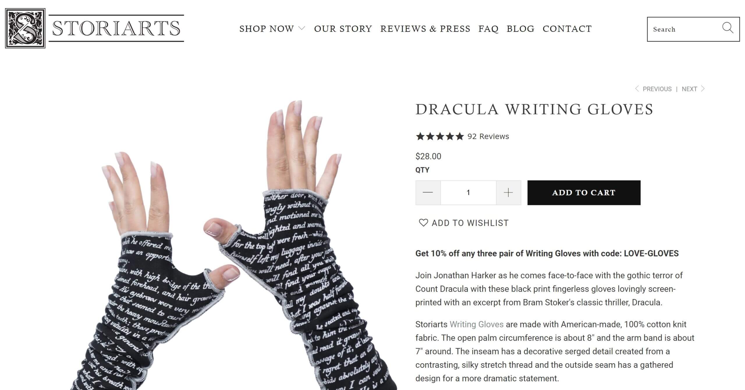 storiarts dracula gloves product page for ecommerce SEO