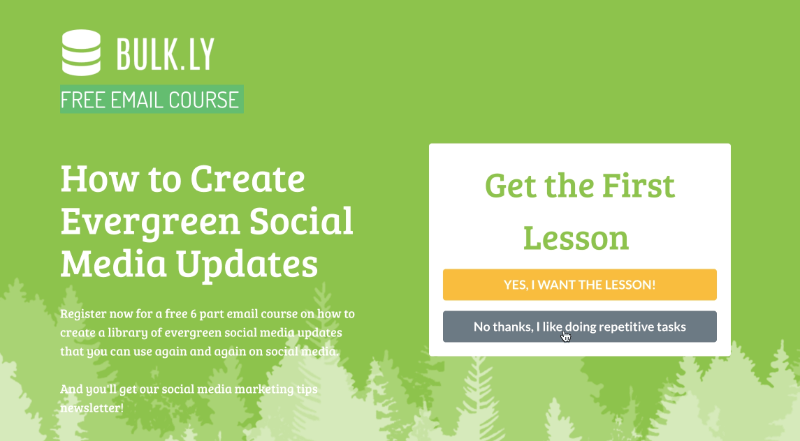 Bulkly offered a six week course using a fullscreen optin that also pushed visitors towards a free trial.
