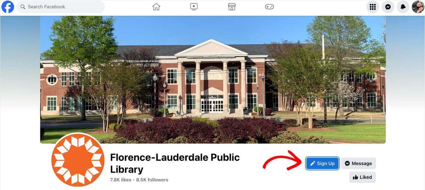 Screenshot of Florence-Lauderdale Public Library's Facebook page, which includes a button to sign up for their email list.