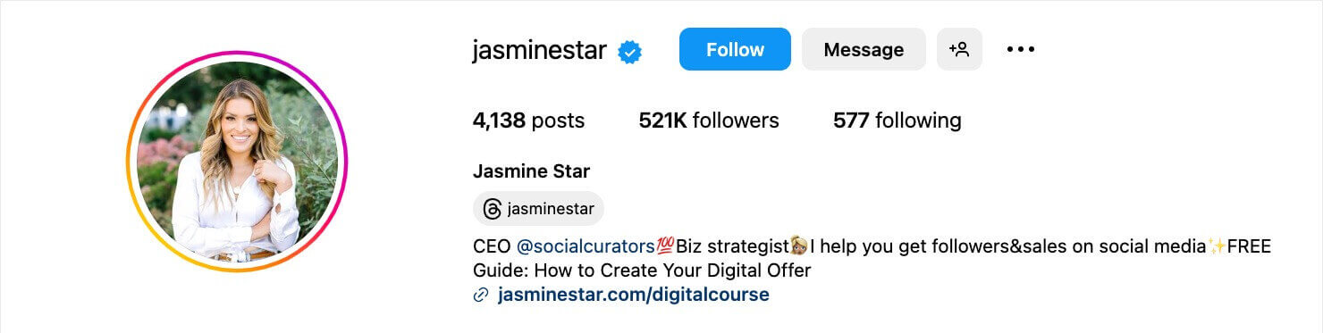 Instagram profile of @jasminestart. Bio includes a CTA link to a landing page for her free digital course