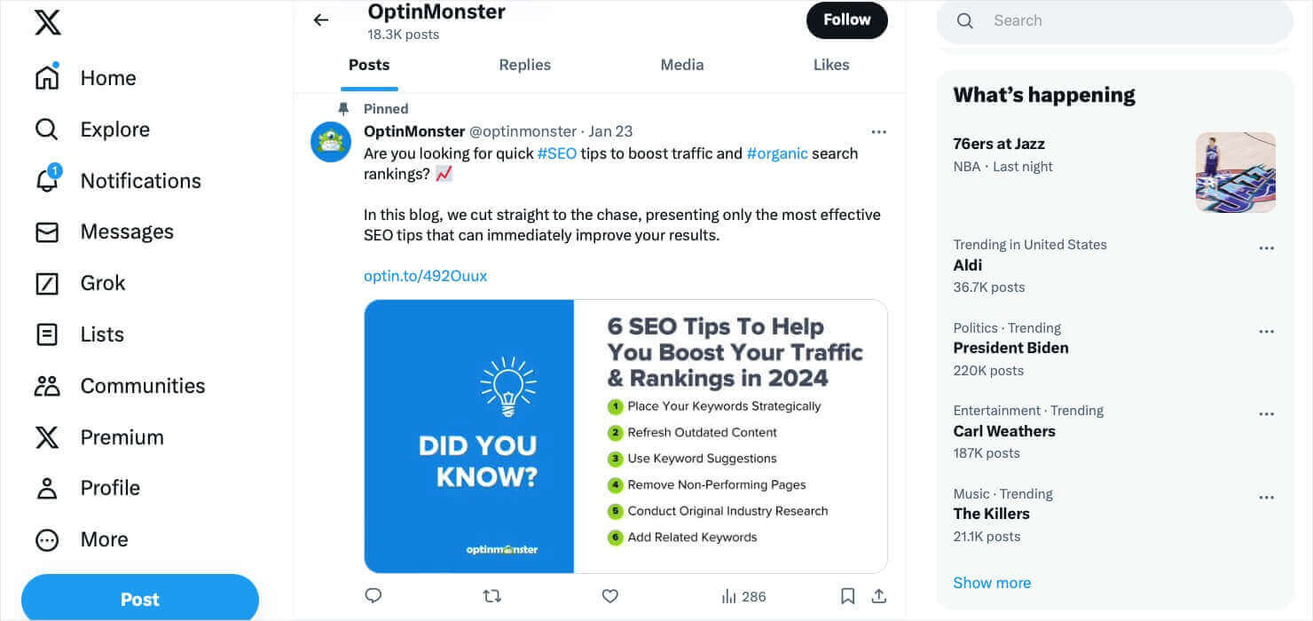 Screenshot of OptinMonster's X profile, showing a pinned post that includes a link