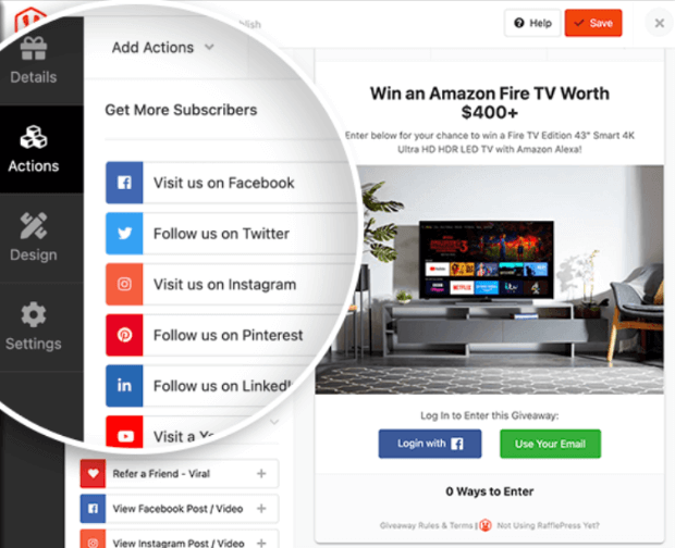 rafflepress giveaway actions