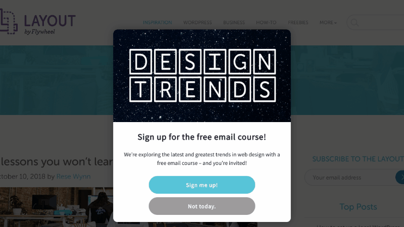 A OptinMonster campaign on the Flywheel blog targeted to appear only the design trends category
