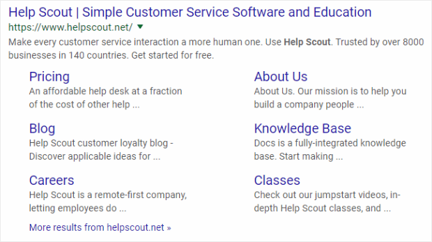 Meta description example from Help Scout. It says "Make every customer service interaction a more human one. Use Help Scout. Trusted by over 8000 businesses in 140 countries. Get started for free."