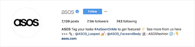 ASOS Instagram profile with link in bio