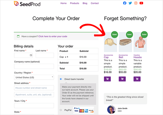 display products on checkout page with seedprod