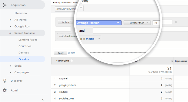 google analytics average position greater than 10 query