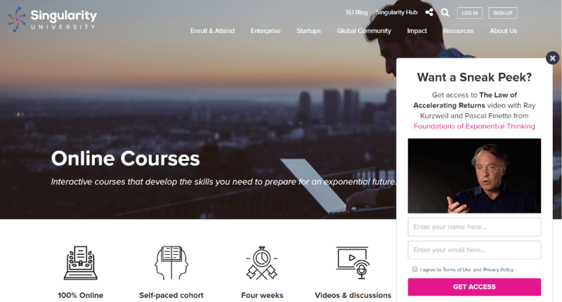 Singularity University drives course registration with a slide-in campaign.
