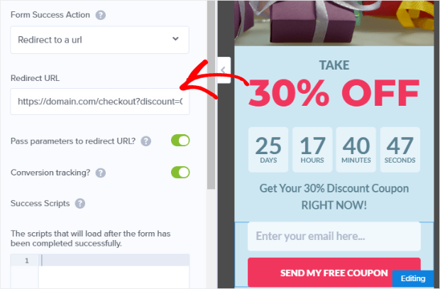 form success action automatically apply discount to shopify cart