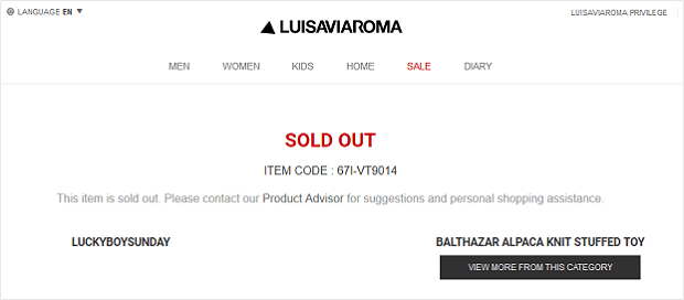 out of stock message example - LuisViaRoma