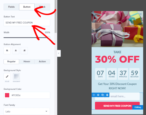 edit submit button for shopify countdown timer slide-in