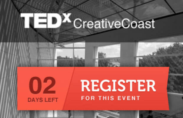 TEDx webpage. Backgroud is a black and white photograph, and there is a bright red CTA button that says "Register"