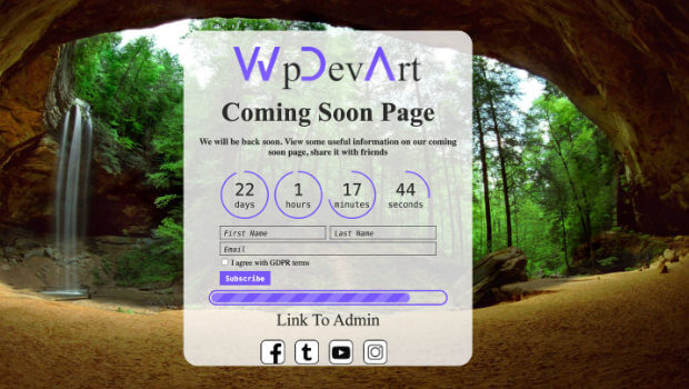 Coming Soon Page example from wpdevart. It includes a countdown timer and social media links