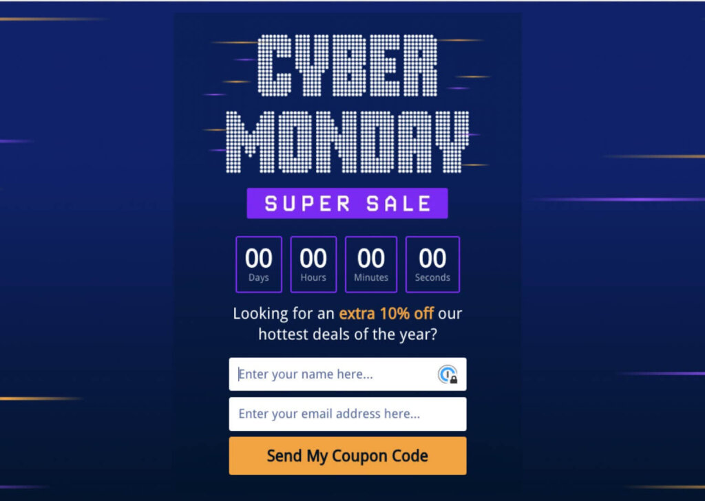 OptinMonster popup template that says "Cyber Monday Super Sale" followed by a countdown timer. "Looking for an extra 10% off our hottest deals of the year?" Call-to-action button says "Yes, I Want to Save!"