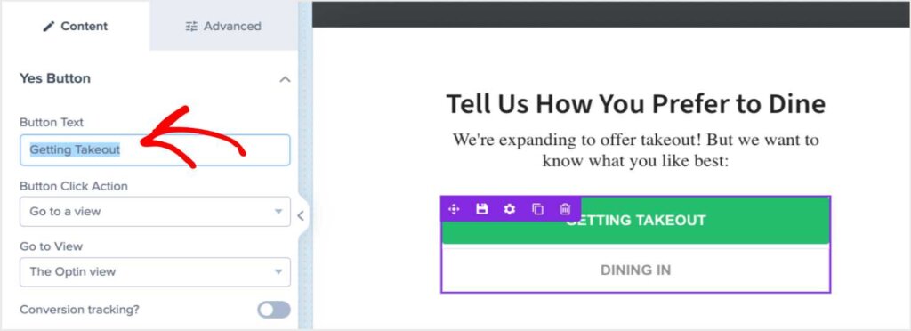 OptinMonster campaign builder. The yes/no buttons have been selected to show the editing option in the left sidebar. The campaign now says: "Tell Us How You Prefer to Dine. We're expanding to offer takeout! But we want to know what you like best:" The 2 CTA buttons say "Getting Takeout" and "Dining In"