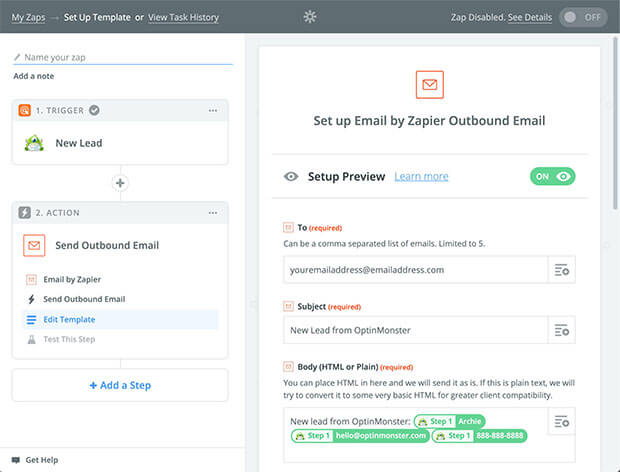 OptinMonster Send Email By Zapier Action Data