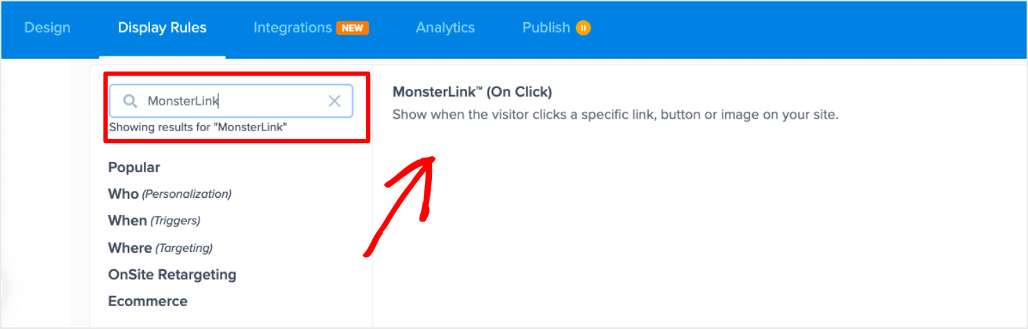 MonsterLink Display Rule in OptinMonster