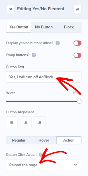 yes button settings to get user adblock permissions