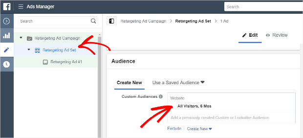 add custom audience to retargeting ad set