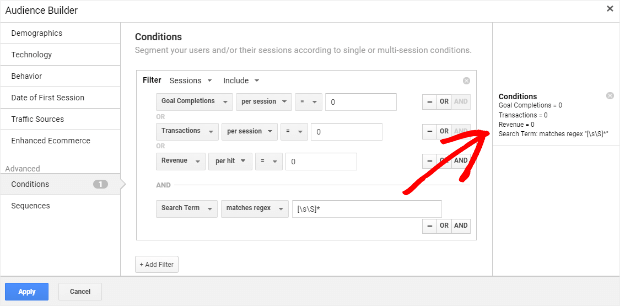 google analytics parameters for users who searched but didn't convert