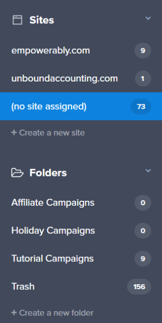 sites and folders list in the new campaign dashboard
